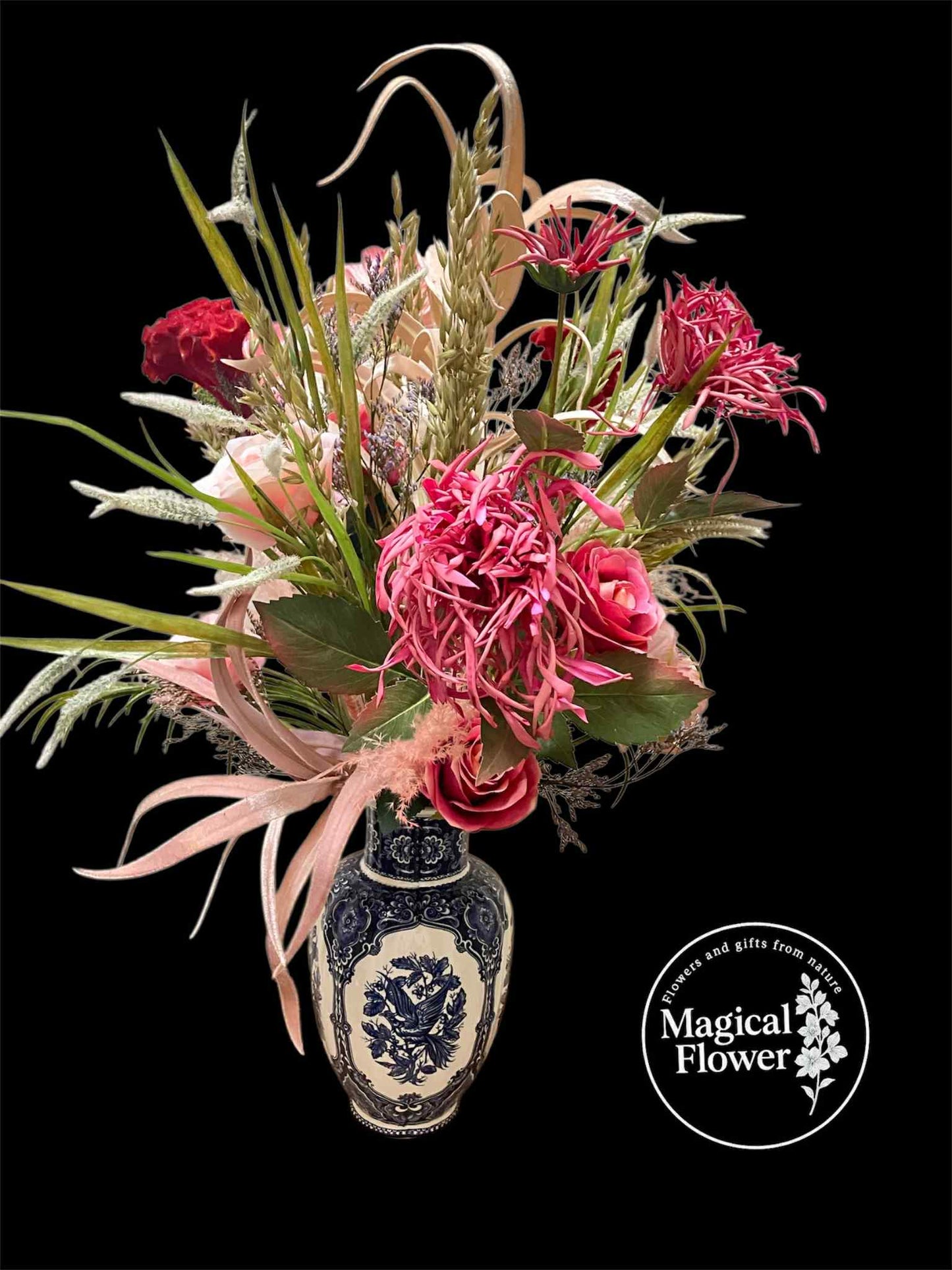Zijdenbloemen En Droogbloemen Boeket Met Vaas | Roze - Blauw