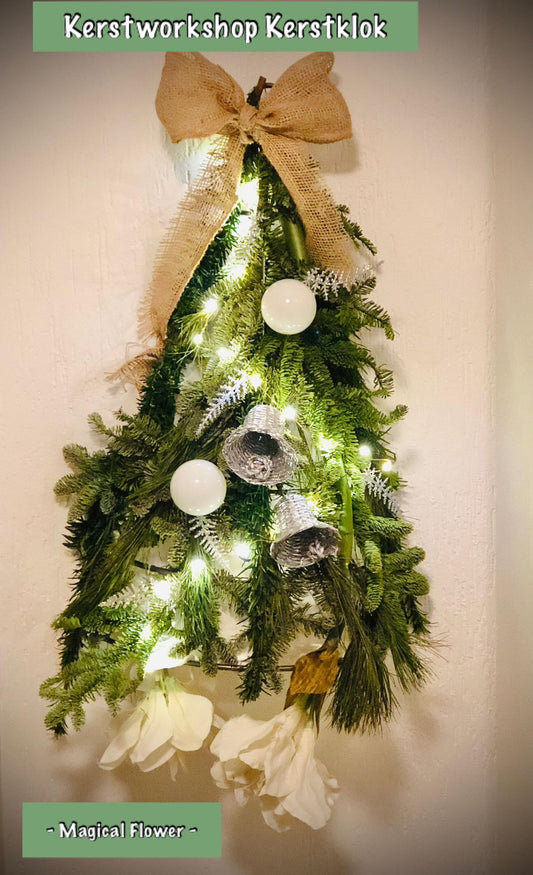 Bloemschikken kerst| kerstworkshop budel| magical flower| workshop kerstmis|kerststuk maken| pinus groen| nobilis groen decoratie