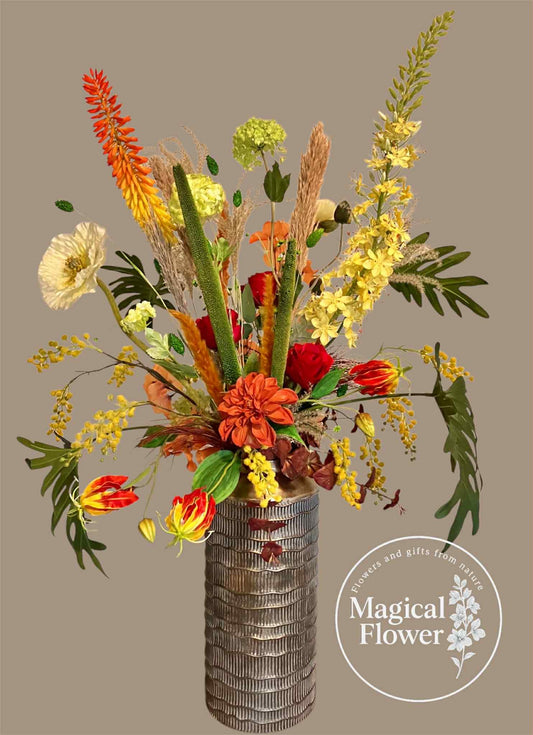 zijdenbloemenboeket| zijden boeket in hoge vaas|zijden bloemen boeket in hoge vaas| magical flower