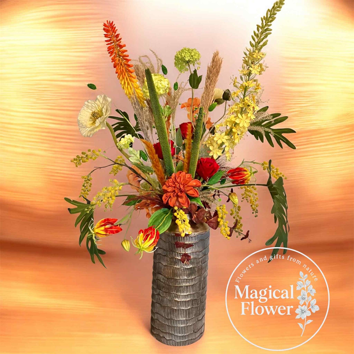 zijdenbloemenboeket| zijden boeket in hoge vaas|zijden bloemen boeket in hoge vaas| magical flower