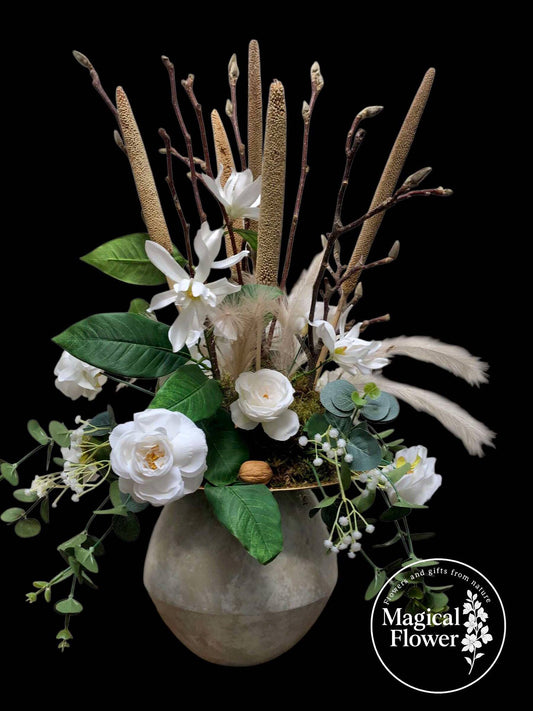 Zijdenbloemen arrangement|aankleding bedrijf| bloemstuk balie| mooie zijdenbloemen| silkflowers| magical flower